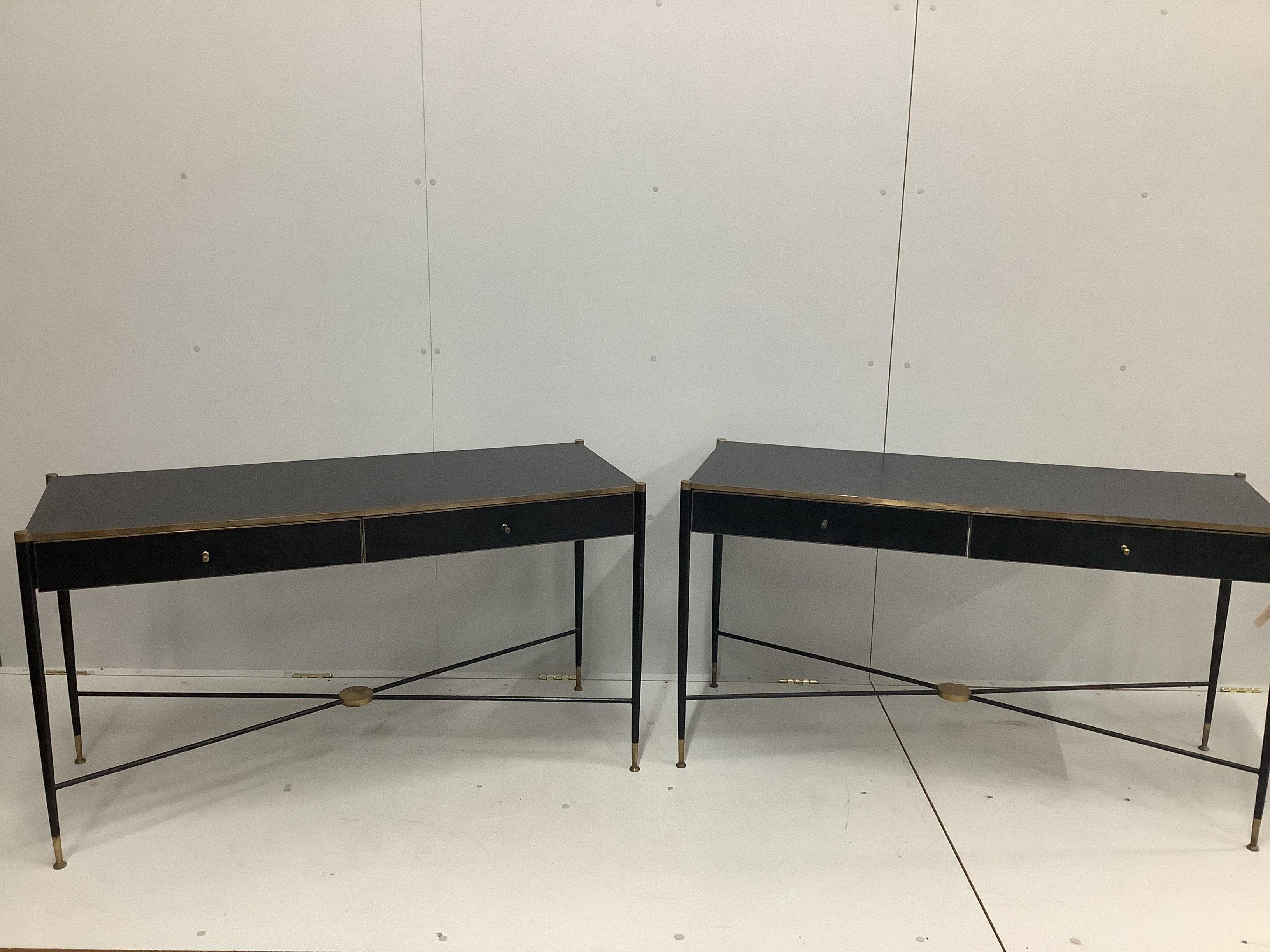 A pair of mid century Italian style brass mounted ebonised two drawer side tables, width 124cm, depth 48cm, height 70cm